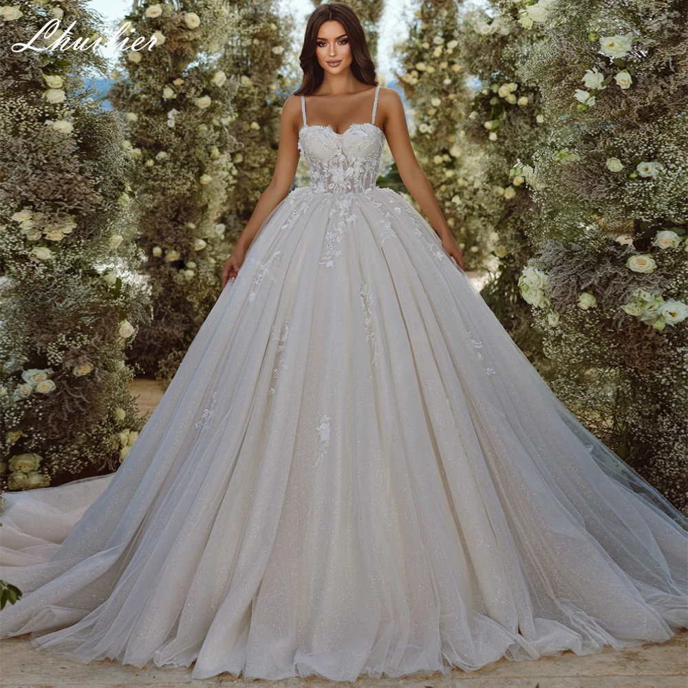 Lhuilier Elegant A Line Princess Wedding Dresses Spaghetti Straps Beaded Flowers Bridal Gown with Removable Sleeves