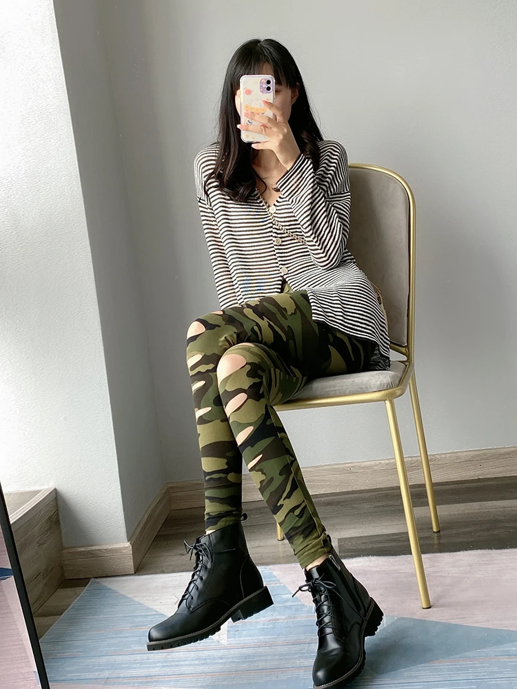 Fashion Color Leggings Women Spring and Autumn Thin Outerwear Personality Broken Holes Trendy Stretch Tight Camouflage Pants