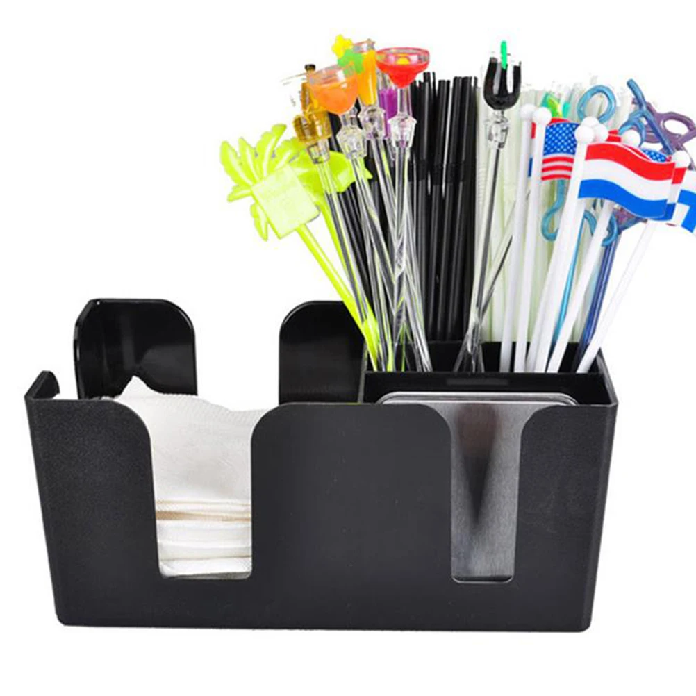

Plastic Tissue Box 6 Compartments Napkins Straws Stirrers Utensils Condiment Holder Black Bar Coffee Shop Hotel Organizer