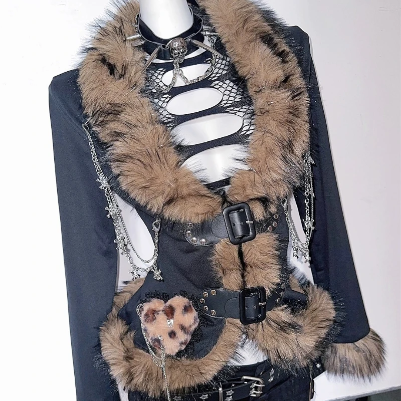 Damska kurtka w stylu gotyckim, punkowym, z imitacją futra, z serduszkiem i panterką, z łańcuszkiem, kardigan, nowy model na jesień i zimę.