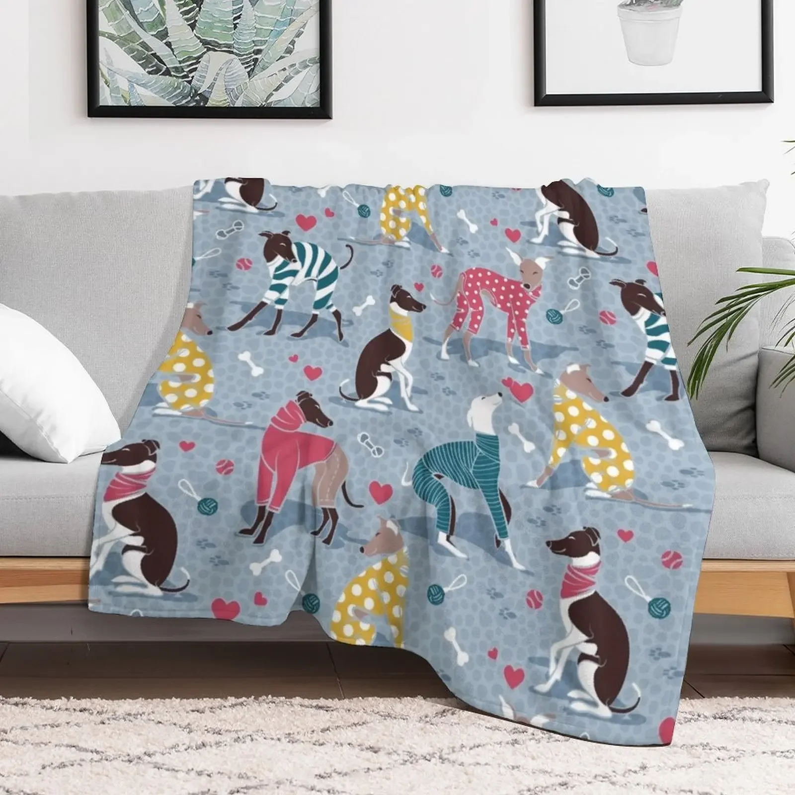 Greyhounds dogwalk // pale blue background Throw Blanket Stuffeds Vintage Blankets