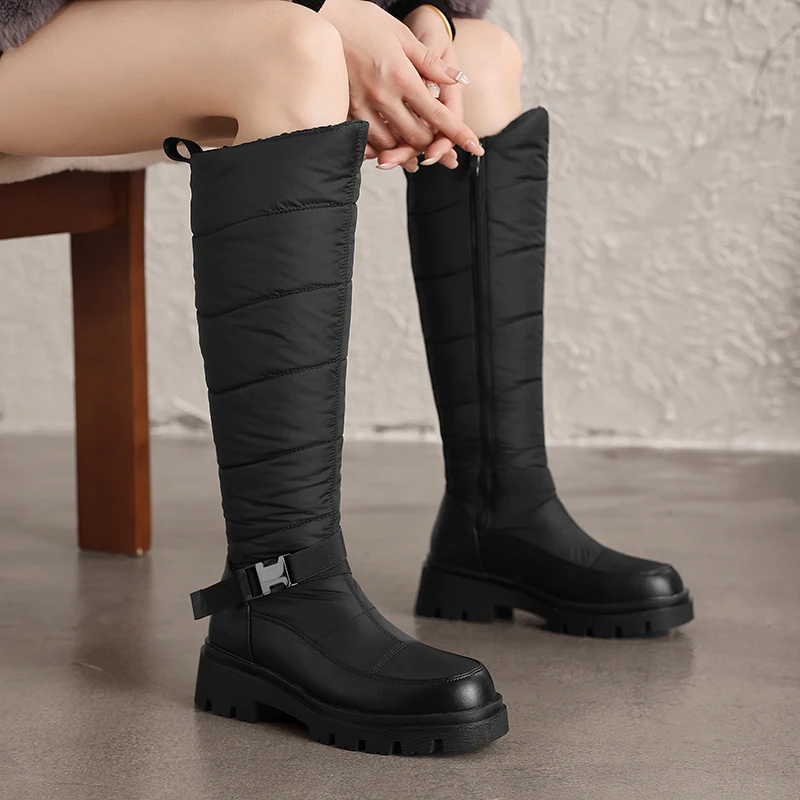 Winter Snow Boots Light Thick Heel Lace Plus Size Knee High Waterproof Shoes Warm Casual Daily Booties Black
