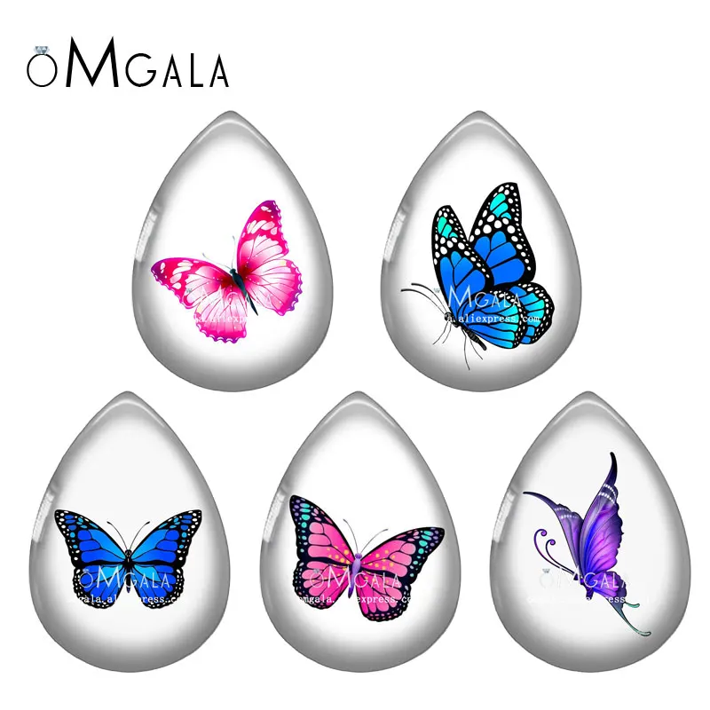 5pairs Fashion Beauty Butterfly Patterns 13x18/18x25mm Photo Glass Cabochon Flat Back For DIY Jewelry Making Findings