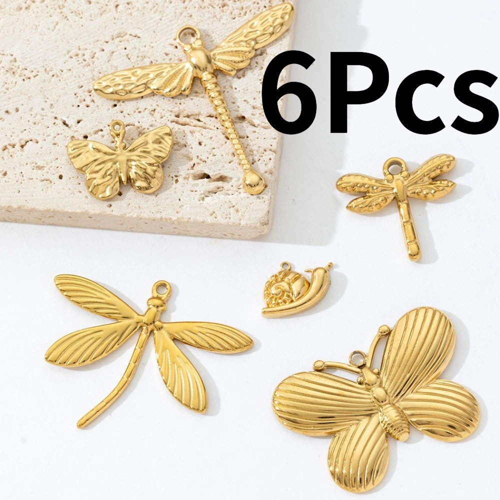 6Pcs Gold Plated Stainless Steel Dragonfly Butterfly Snail Charms Pendant for Jewelry Making DIY Earring Necklace Accessories