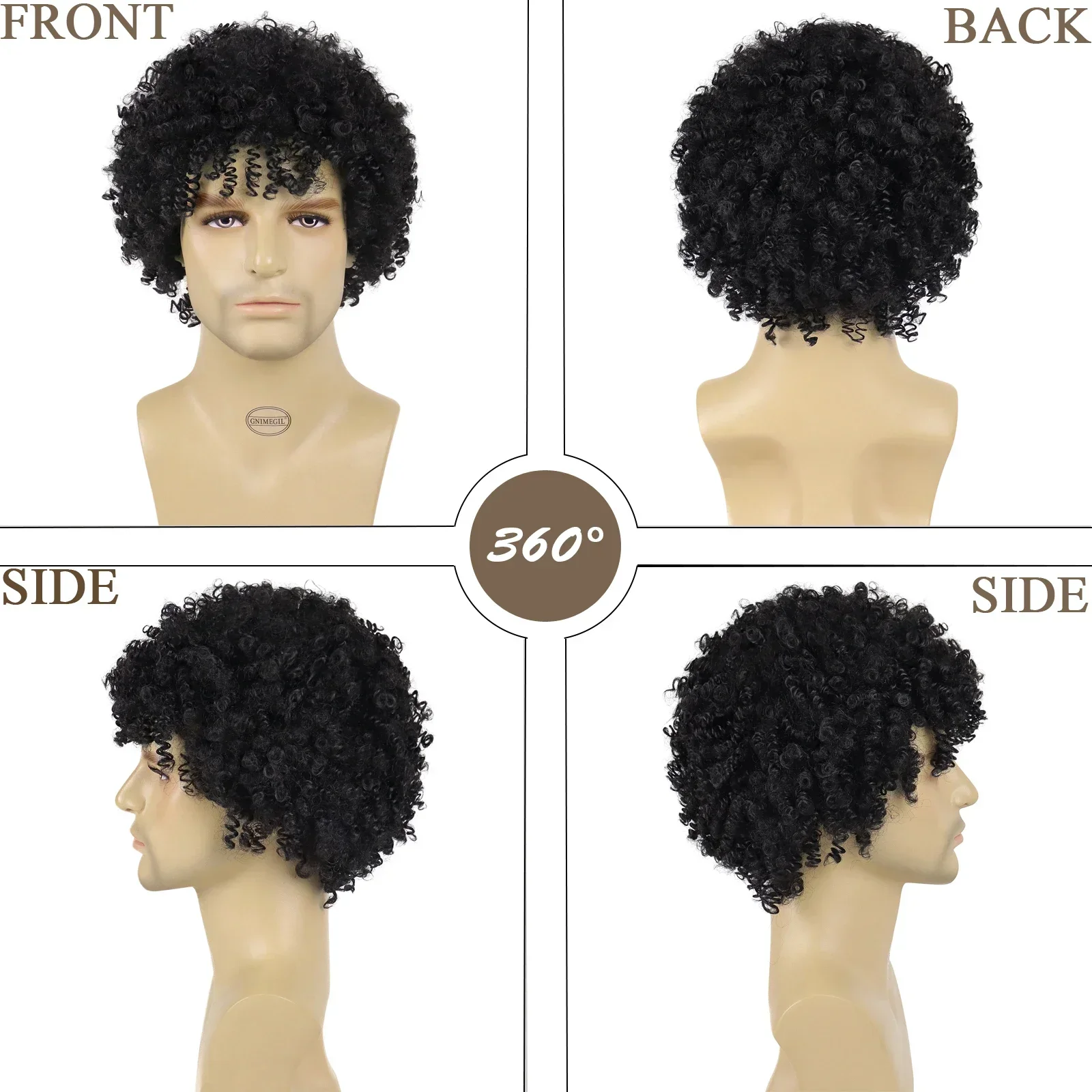 GNIMEGIL Synthetic Short Black Hair Afro Kinky Curly Wig with Bangs Natural Fluffy Wig for Black Men Cosplay High Temperature