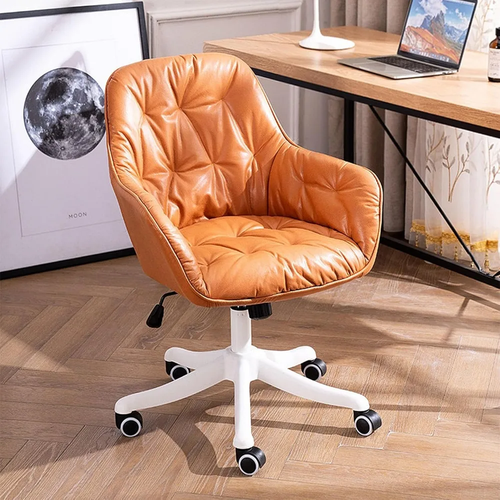 

Leather Office Chair, Mid Century Desk Chair with Wheels and Ergonomic Armrests, Adjustable Height Swivel Rolling Task Chair,