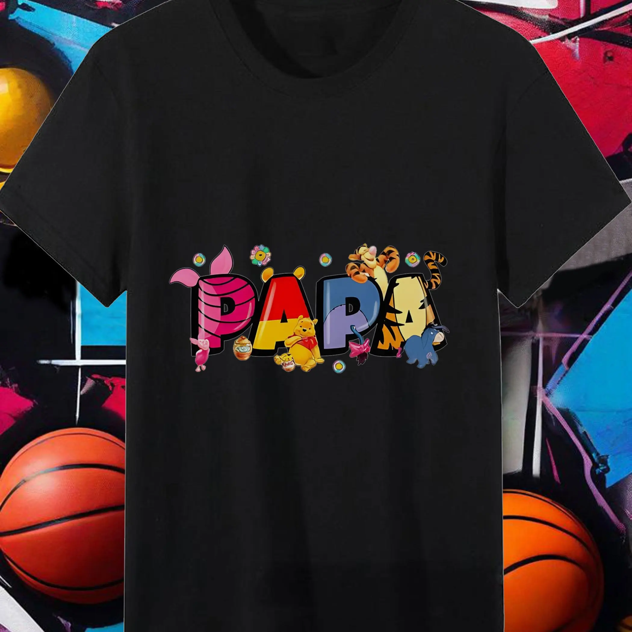 Disney Winnie The Pooh, Tiger und Schwein Yieli „PAPA“ bedrucktes Baumwoll-Kurzarm-T-Shirt Leisure Machine Wash.