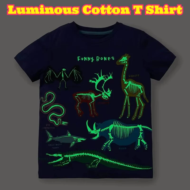 Summer Luminous Short Sleeve T Shirt Knit Cotton Cartoon Dinosaur Shark Space Pattern Soft Breathable Casual Daily Wear Appare