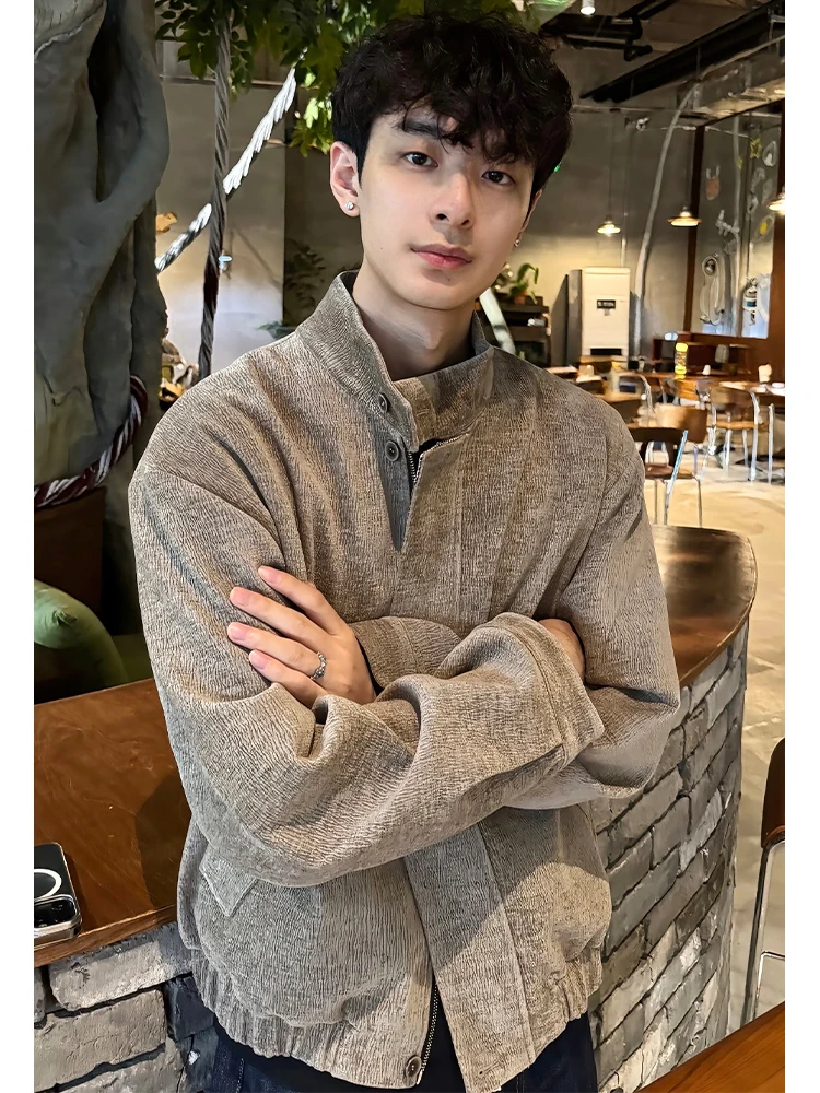 

Retro American Tree Texture Harrington Jaet Men's ort Stand Collar Spring Autumn Plaid Inner High Sensation Outerwear