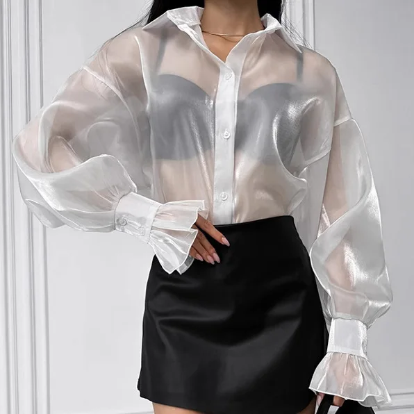 Sexy See-though Women Shirt Perspective Organza Lantern Sleeve Elegant Blouses Summer Loose Tops Casual Sunscreen Shirt Рубашка
