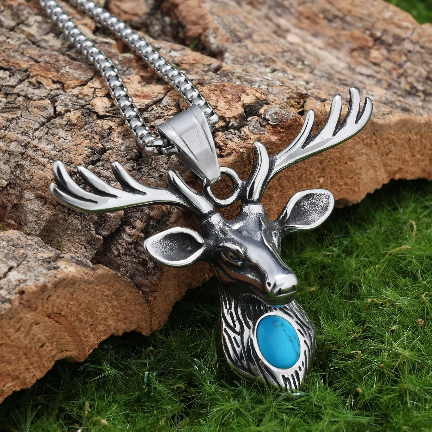 European and American stainless steel sika deer pendant personalized punk retro trendy men stainless steel turquoise deer head p