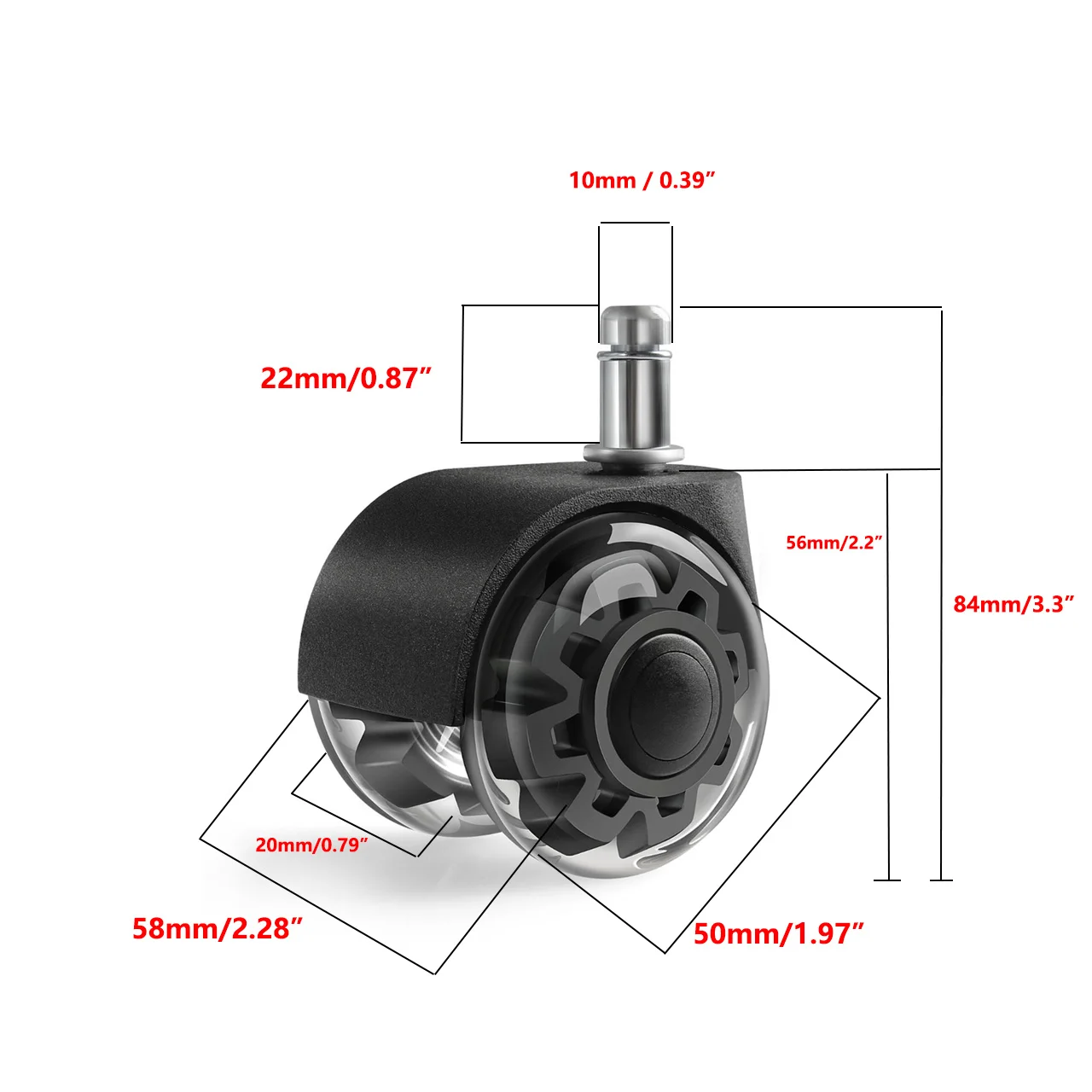 (5 Packs) 2 Inch 10mm Universal Wheel Pu Clip Spring Black Transparent Brake Office Chair Movable Caster Pulley