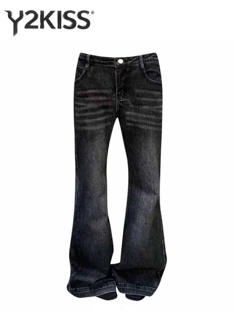 Women's Low Rise Flare Jeans Japanese Baggy Black Dark Academia American Retro Jeans Denim Pants Abi Y2k Bell Bottom Grunge New