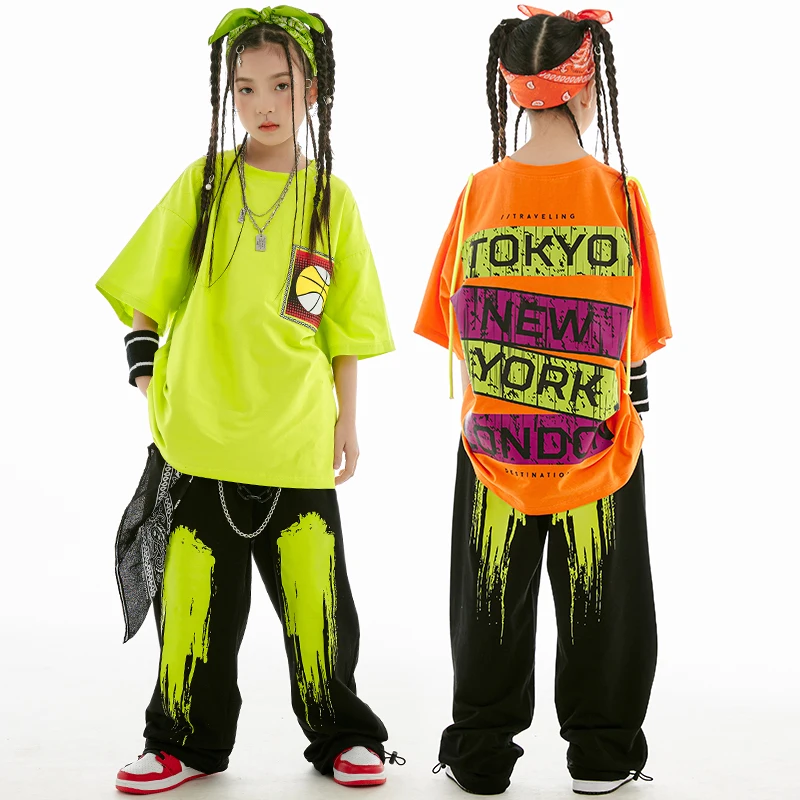 Streetwear Modern Dance Hip Hop Clothing 2023 New Jazz Dance Costumes For Girls Fluorescent Green Shirts Loose Pants