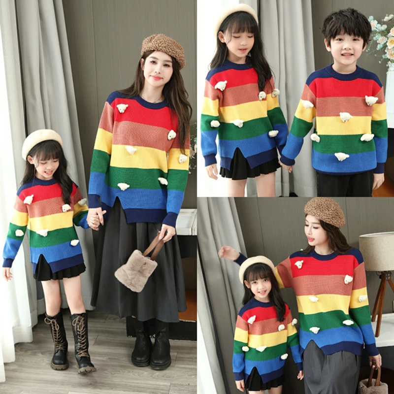 Matching Family Sweaters Mum Daughter Dad Son Fashion Rainbow Tops Family Look Couple Matching Outfit Adults Kids Baby Sweater