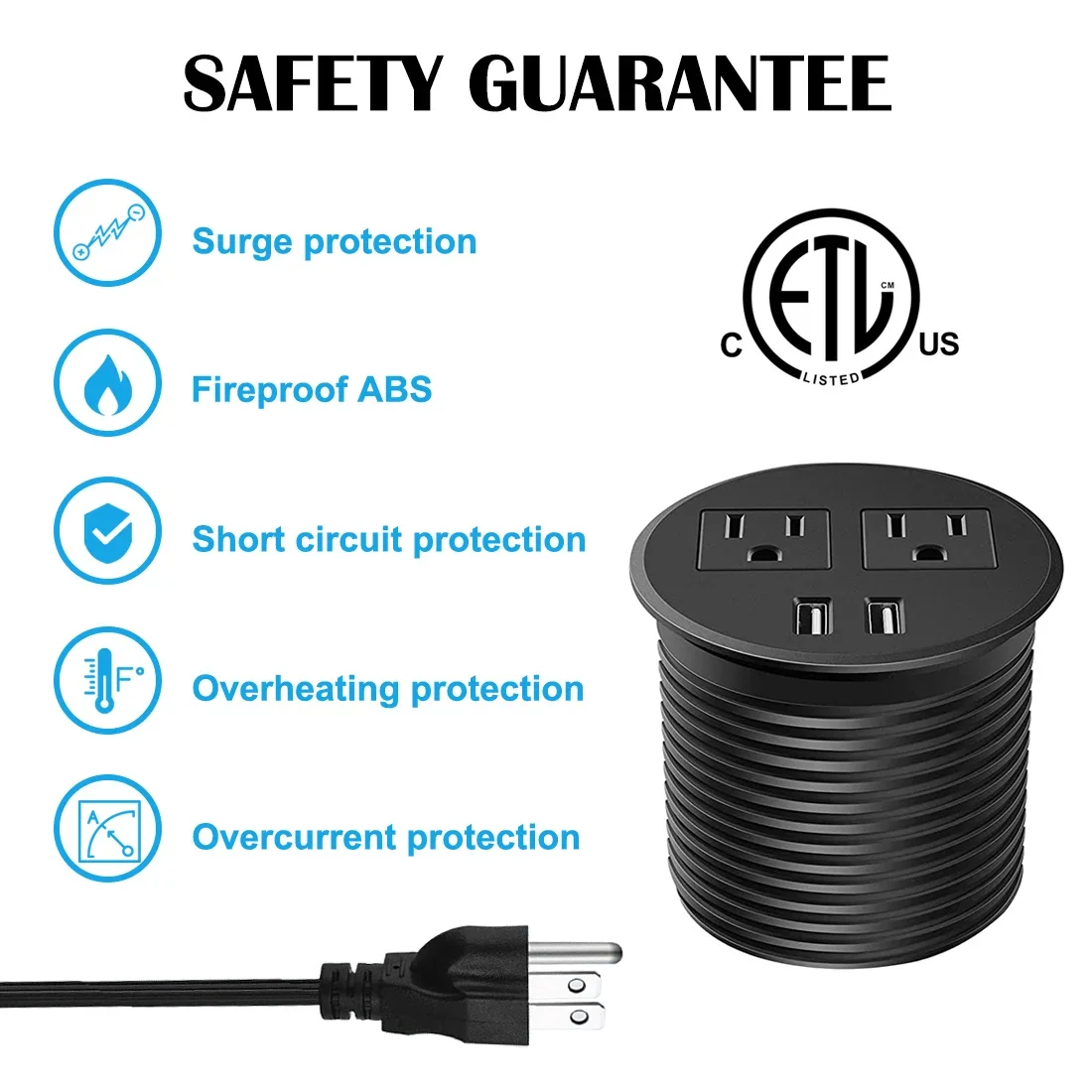 米国規格 ラウンドデスク用電源グロメット USBソケット 2ACコンセント 2USB /デスク穴 3.15インチ(80mm) 埋め込み式電源コンセント USBグロメット