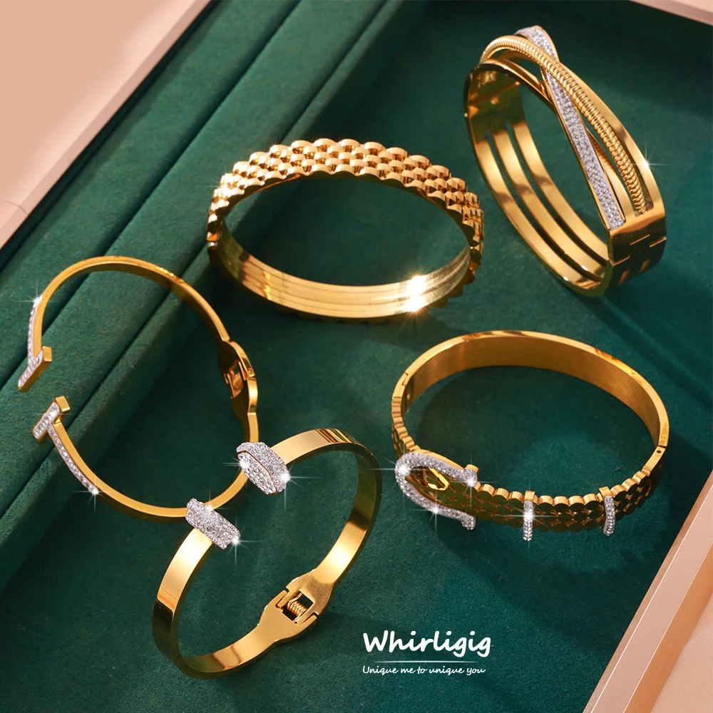 Super Fashion Belt Design Trendy Stainless Steel Zirconia Bracelet For Women Vintage Shiny Bangle Luxury Jewelry