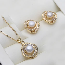 Real Natural Pearl Necklace and Earrings Set Woman,Gold Plated Freshwater Pearl Set Anniversary Wife Mother White Black