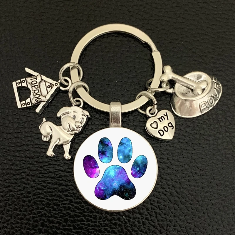 Cute Pet Dog Keychain Paw Dog Glass Cabochon KeyRing Top dog house Charms Keychains I Love my dog pendant keychain Gifts