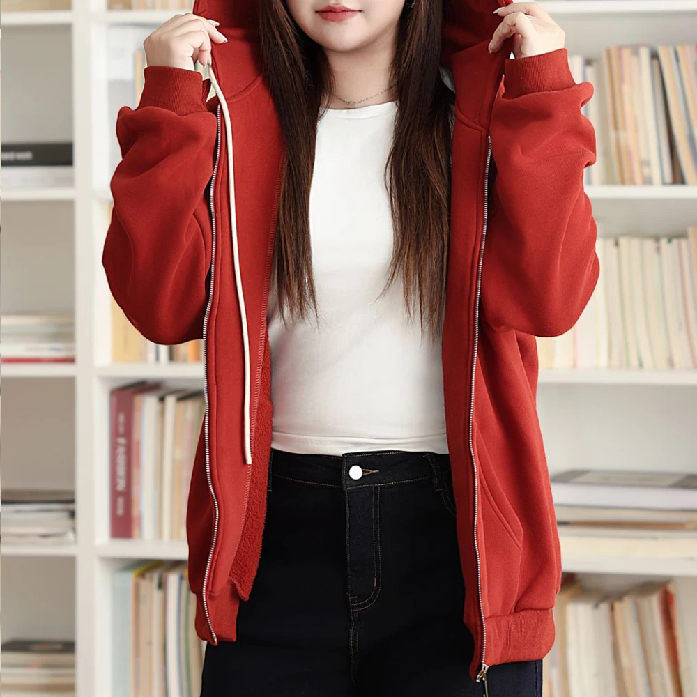 ขนแกะเรียงราย zip-up Hoodie ผู้หญิง PLUS ขนาดคุณภาพดีฤดูใบไม้ร่วงฤดูหนาว WARM หลวม Hooded Coat 8809