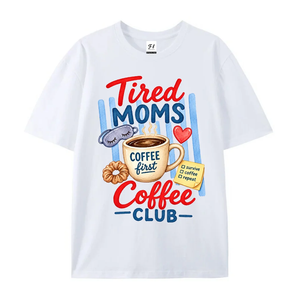 Women T Shirt Tired Moms Coffee Club Graphic Letter Print Short Sleeve Cotton Oversized Casual Loose Tee Tops Female Clothes ﻿ ﻿