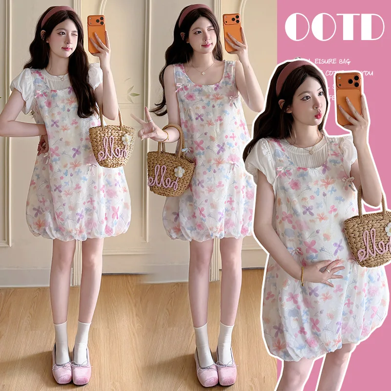 

Maternity Suit Summer Sweet Cute Flower Print Sleeveless Bud Dress and Puff Sleeve Shirt for Pregnant Women 2026