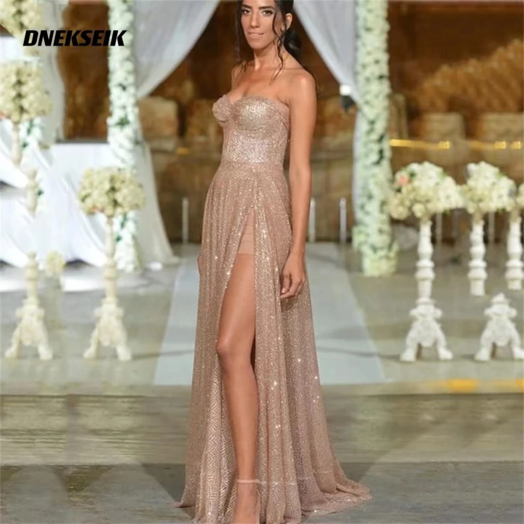 

Elegant Sexy High Side Slit A-Line Evening Dresses Off The Shoulder Champagne Glitter Prom Party Dresses Sweetheart Floor-Length