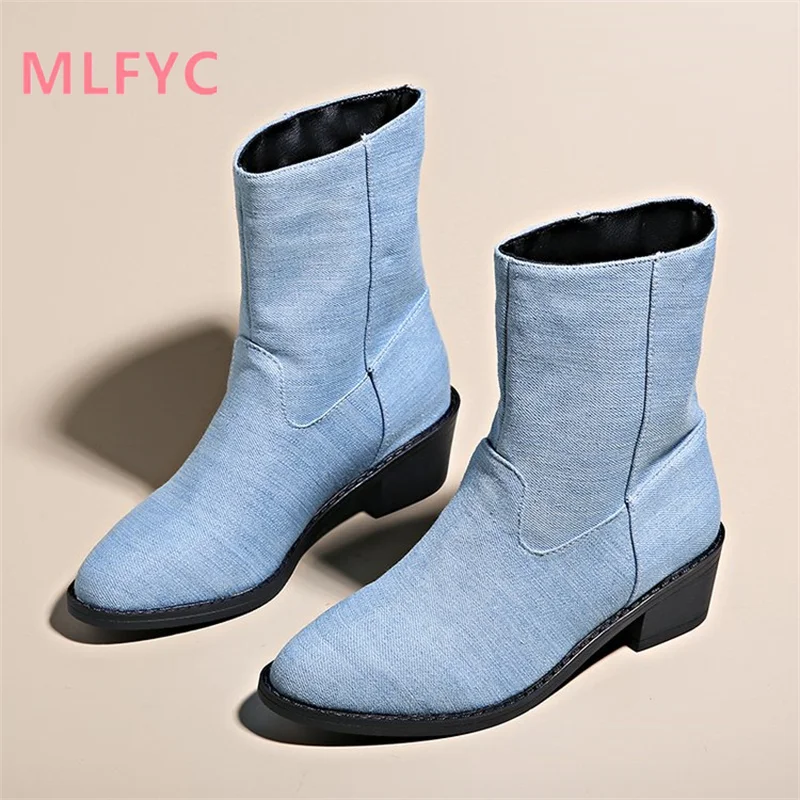 

Cowboy boots for women with round toe, thick heels mid length boots women autumn winter New fashion warmth comfort short boots