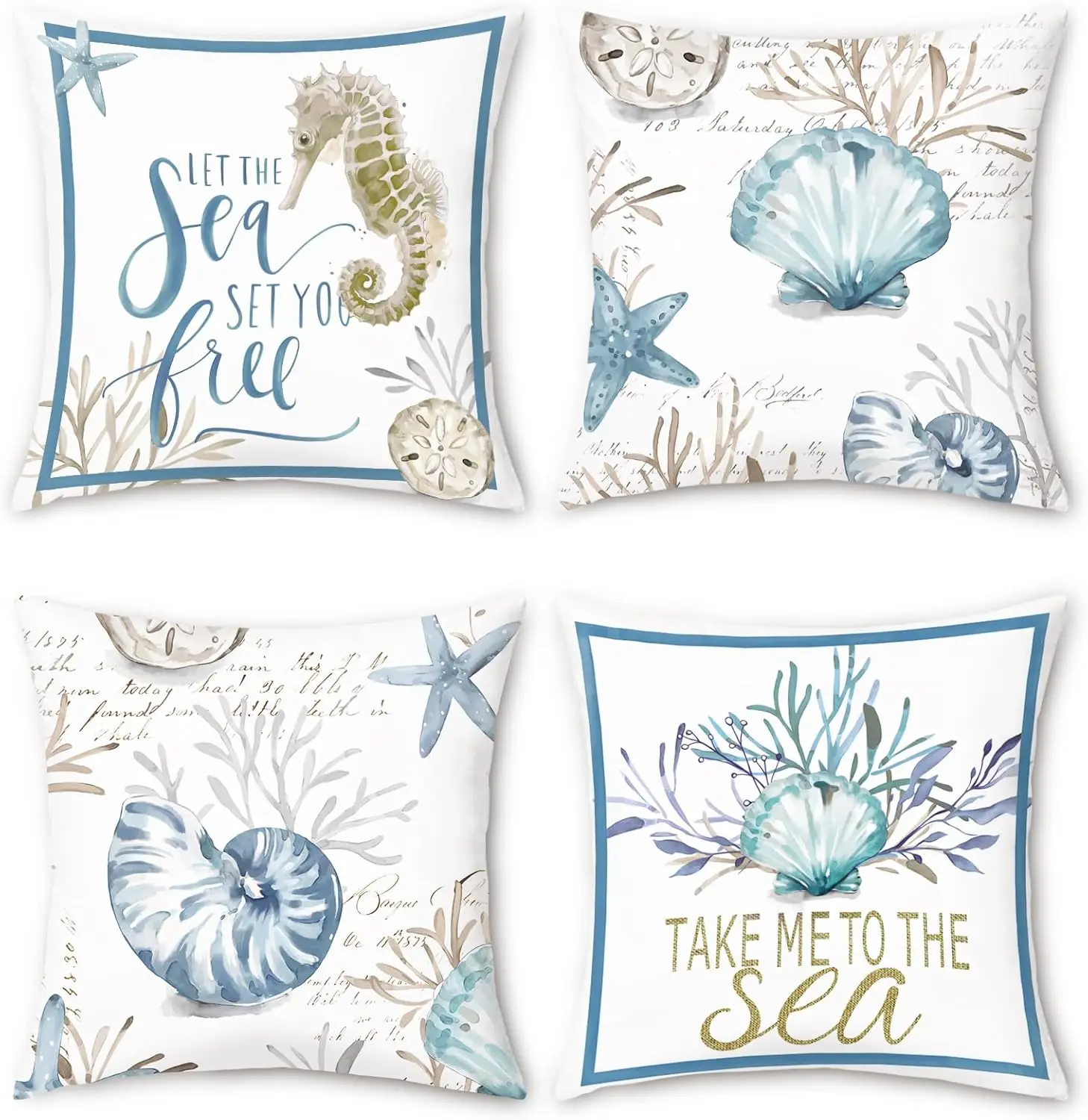 

Ocean Throw Pillow Covers, Watercolor Cushion Cases with Seahorse Seashell and Starfish Motifs for Living Room Bedroom Sofa