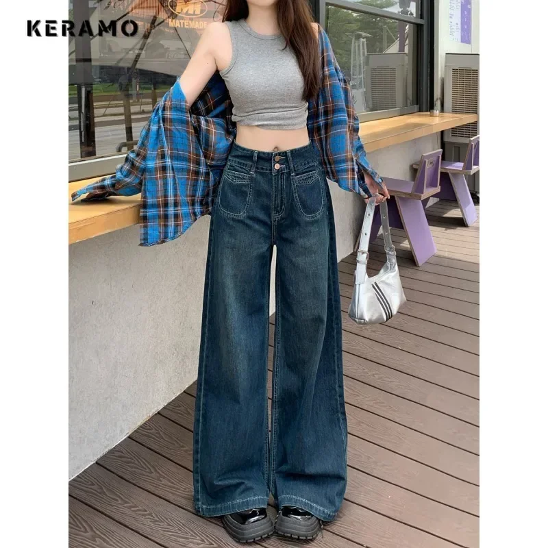 Damskie Basics Baggy 2000s Denim Trouser Washed Vintage Casual Classic Emo Pure Pants High Street Retro Simple High Waist Jeans