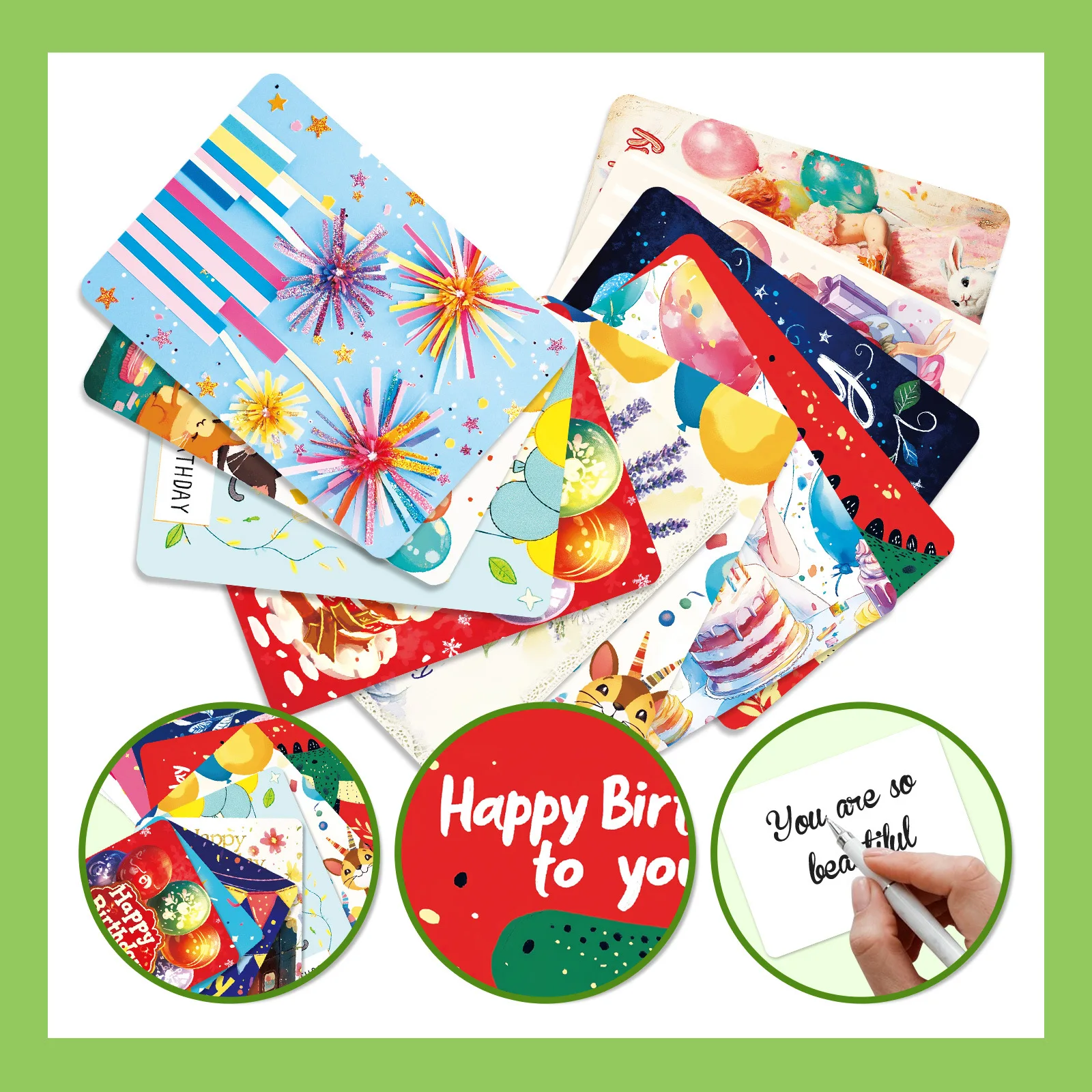 50 pcs Happy Birthday Cards with Non Repetitive Cartoon Patterns Blessings and Congratulations Card Set