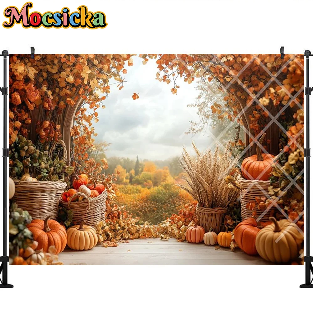 Mocsicka Photography Backdrop Autumn Harvest Floral Pumpkin Decoration Kid Thanksgiving Day Portrait Backgrounds For Photographs