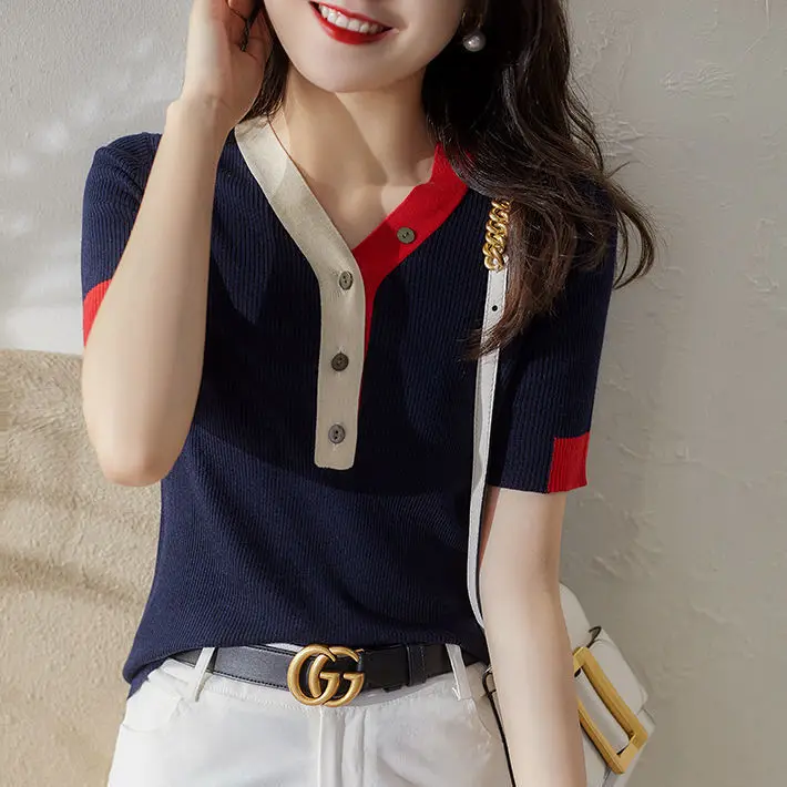 Camiseta de punto de seda de hielo Sle europea de alta gama ort Sve V-Ne, Top de verano ajustado a la moda para mujer, Guangzhou Thirte...