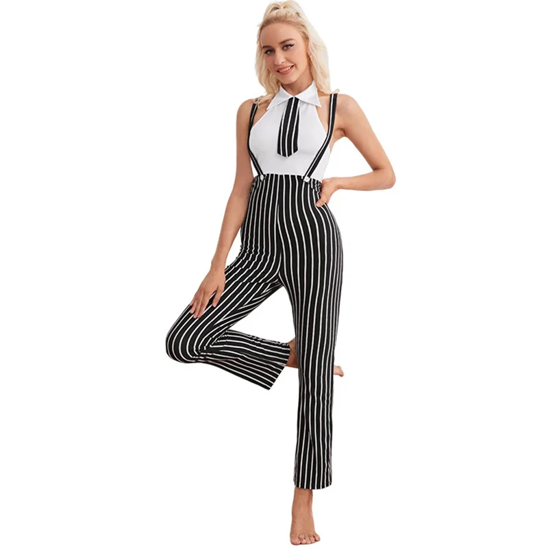 Stylish Women's Stripped Roleplay Teacher Uniform Adult Lady Halloween Party Cosplay Costumes Night Club Outfit