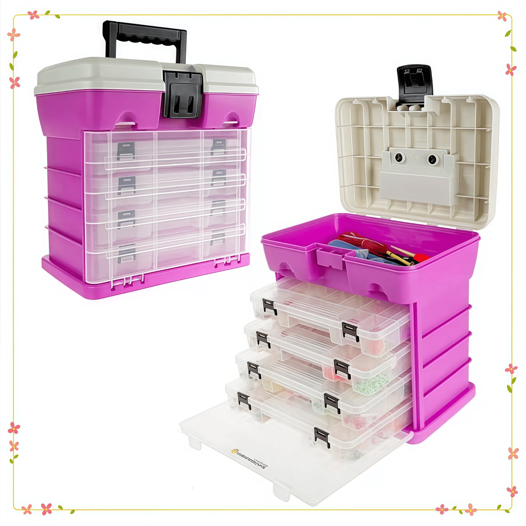 صندوق أدوات صيد السمك مكون من 5 مستويات مع 4 صواني، 19 حجرة للاستخدام الخارجي والتخييم والتخزين متعدد الأغراض، تصميم متين