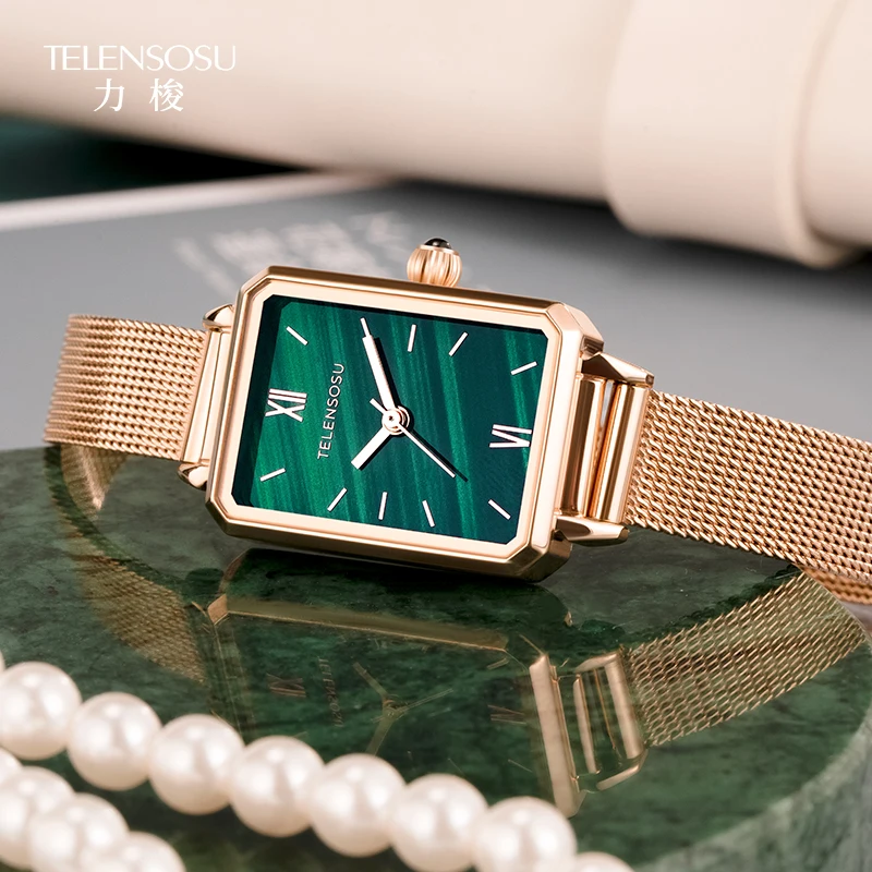 TELENSOSU женские кварцевые часы, роскошные сахарные кубики, малахитовый циферблат, ремешок из нержавеющей стали, модные роскошные подарочные женские часы 8820