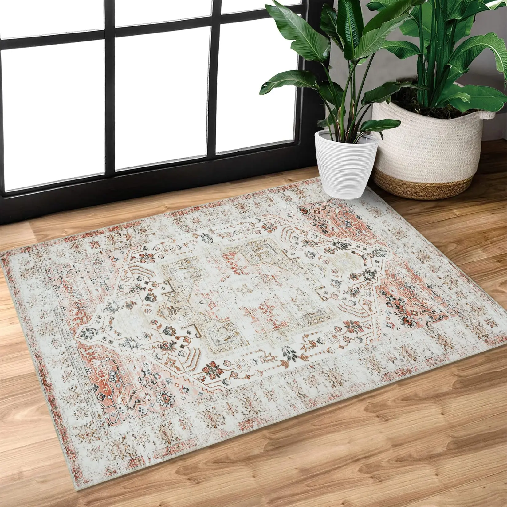 

Small Area Rug 2x3 Machine Washable Entrway Rug Vintage Doormat Low Pile Distrssed Rug Carpet Foldable Lightweight Thin Rug