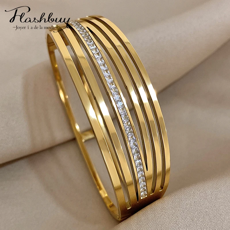 Flashbuy Stainless Steel Zircon Multi-layered Line Wide Bangles Bracelets for Women Gold Color Waterproof Jewelry