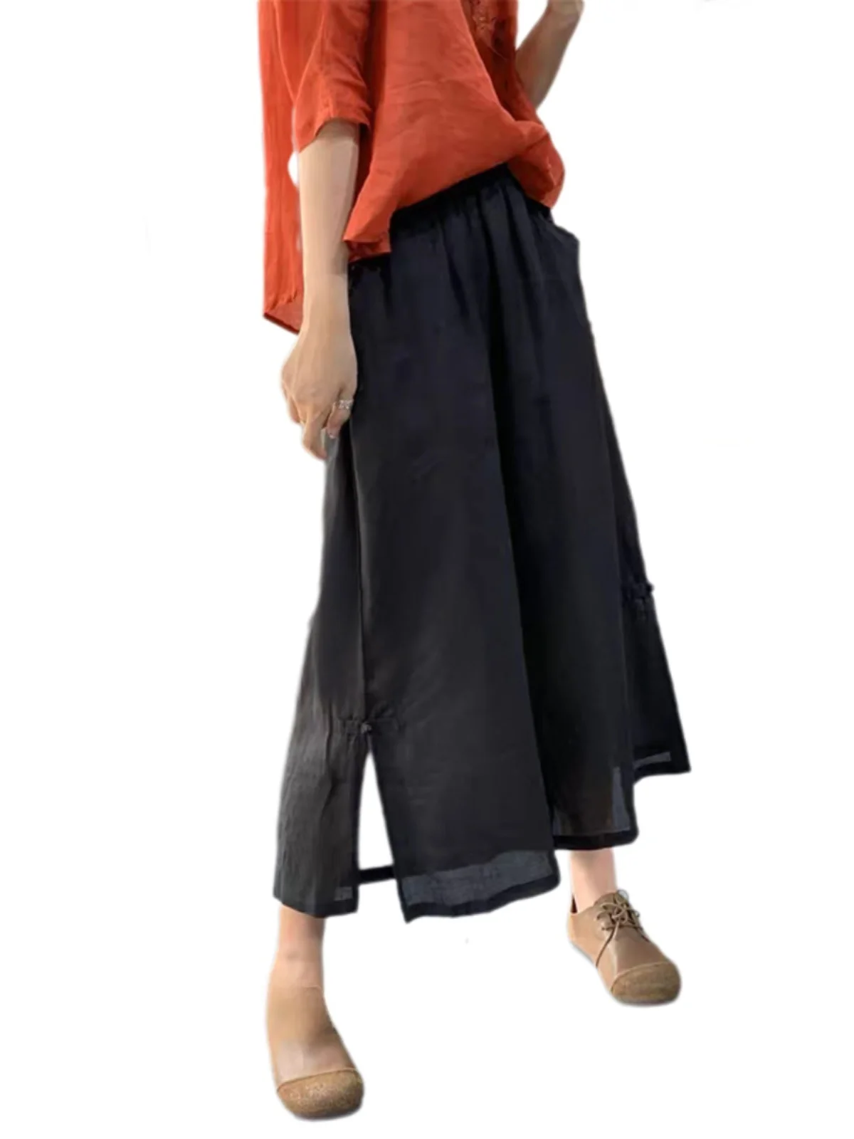 New Chinese Sle Wide Leg Pants Women's Summer Casual Vintage Cotton Linen Split High Waist Nine Points Skirt Pants
