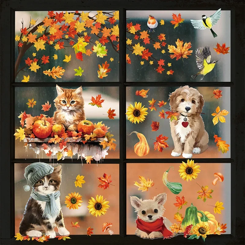 

Thanksgiving window sticker autumn cartoon cute pet animal children's bedroom glass window static window sticker