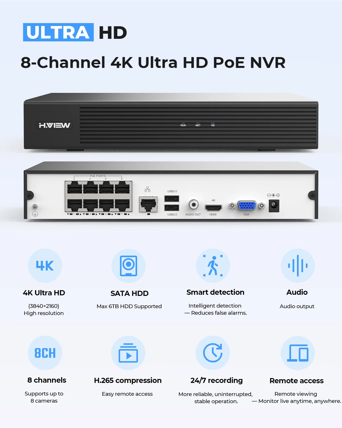 H.View 4K Full Color Night Vision CCTV Security System Video Surveillance Kit 8MP Poe Ip Camera Set 8CH  Audio Record Nvr