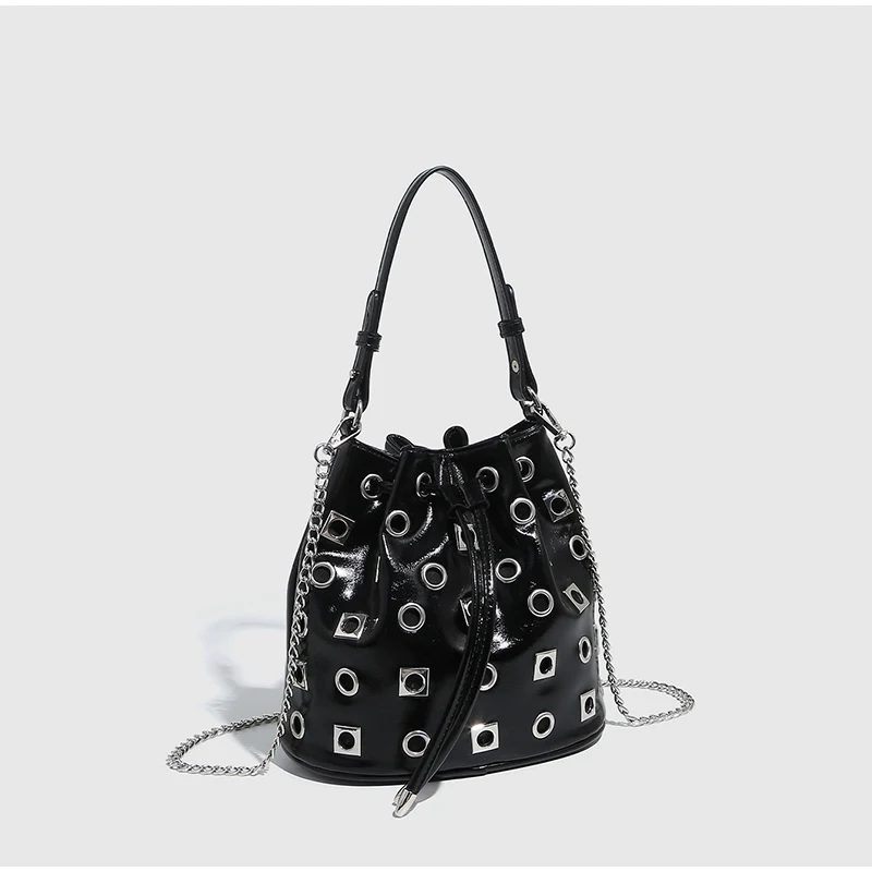 

Fashion Bucket Bag Women Punk Style Rivet Chain Underarm Bag Brand Design Hollow Shoulder Bag Shopping Party Street Handbag