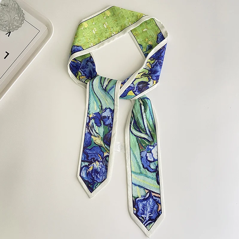 Van Gogh Green Blue Flower Oil Painting Hair Band Scarf Women Twill Small Silk Scarf Versatile Binding Bag Handle Ribbon