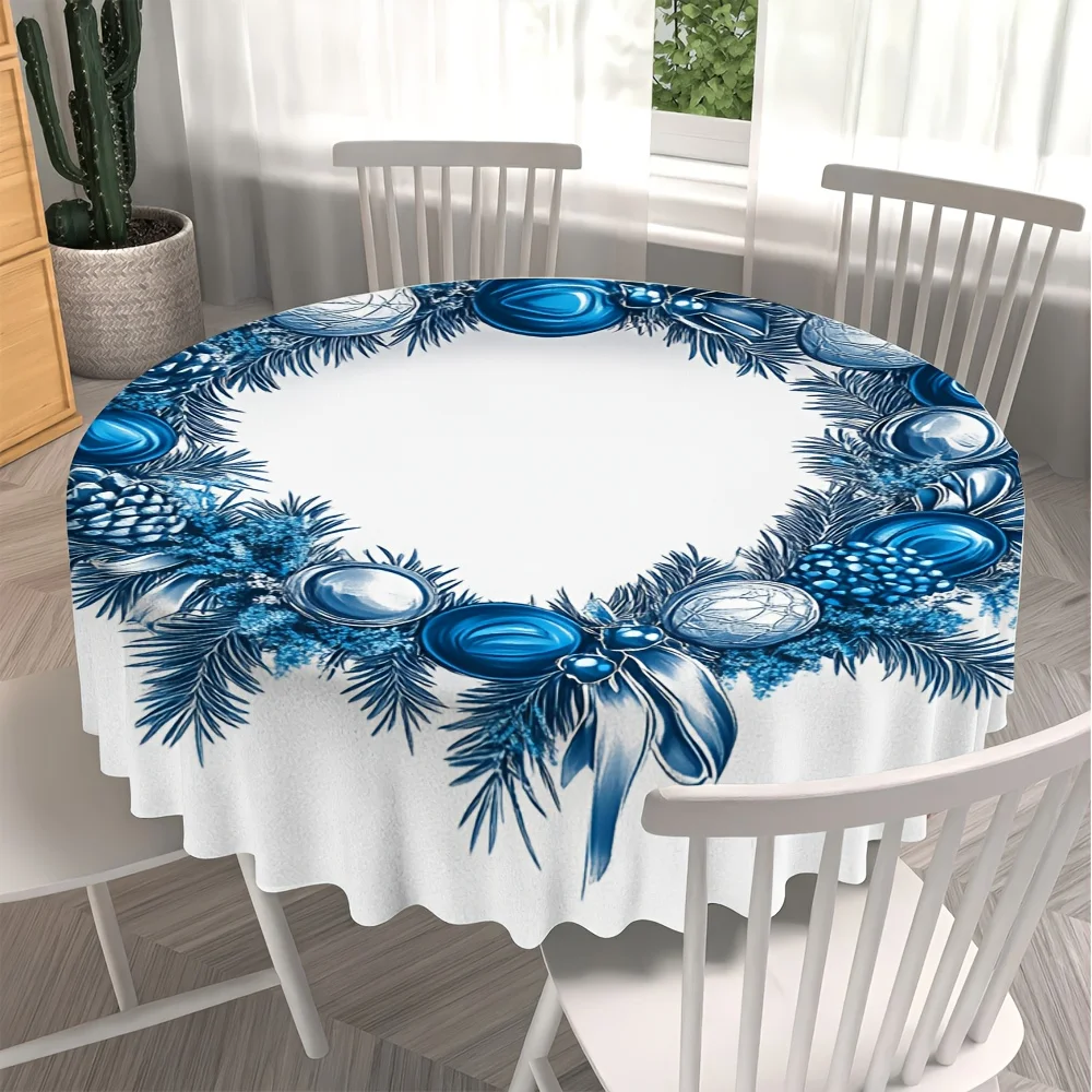 1 blue Christmas crown ornament, family dining table round table towel design, small table for holidays and daily meals