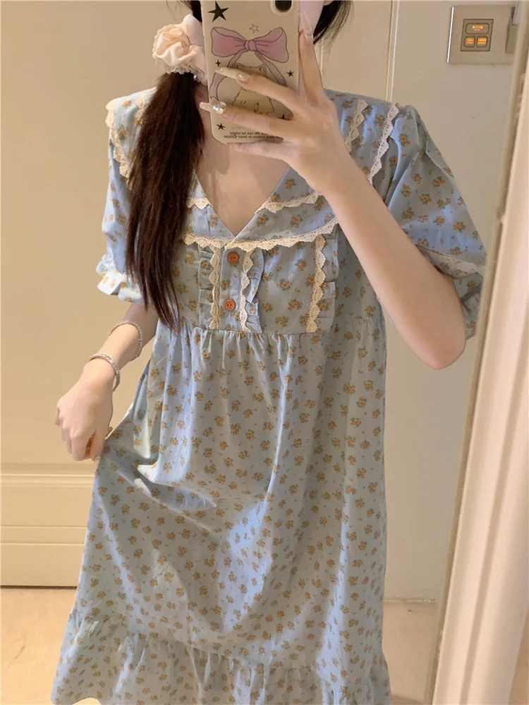 

Soft Floral New Summer Print Flowers NightDress 100%Cotton Short Sleeve Pajama Set Women Cute Sweet Loose Casual Sleep Tops Ins