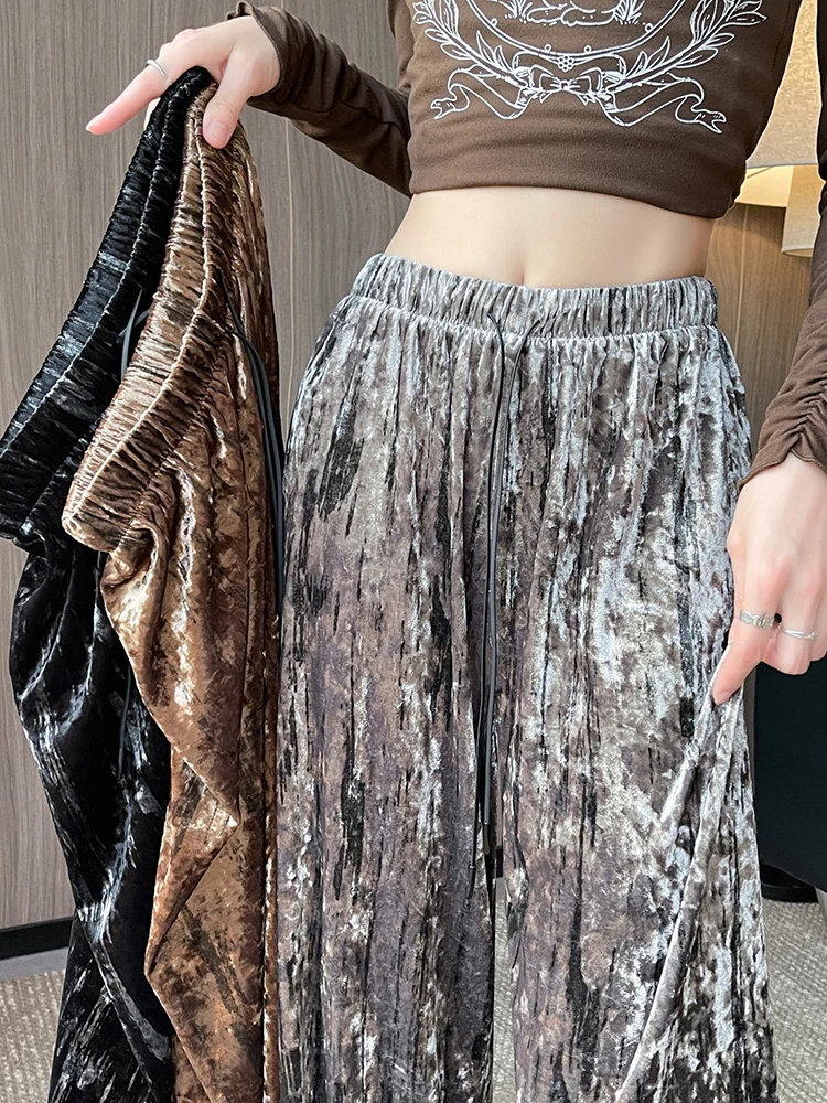 

Tie dye gold velvet wide leg pants women autumn winter 2024 new high waist asual pants