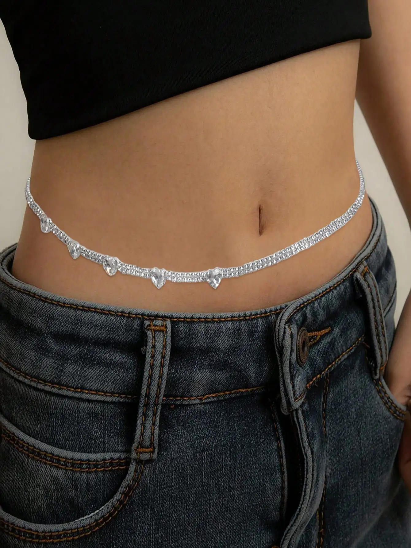 Cadena de cintura de diamante de agua de doble fila, cadena de cuerpo de foto de calle, estilo Simple en forma de corazón, tendencia 2024