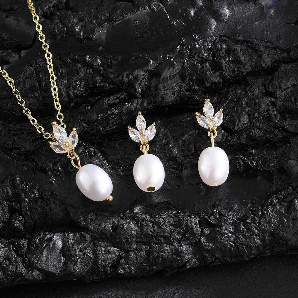 ZAKOL-pendientes y collares de gota de perla ovalada de circón de hoja clásica para mujer, conjunto de joyería de Boda nupcial con dijes elegantes, SP3410