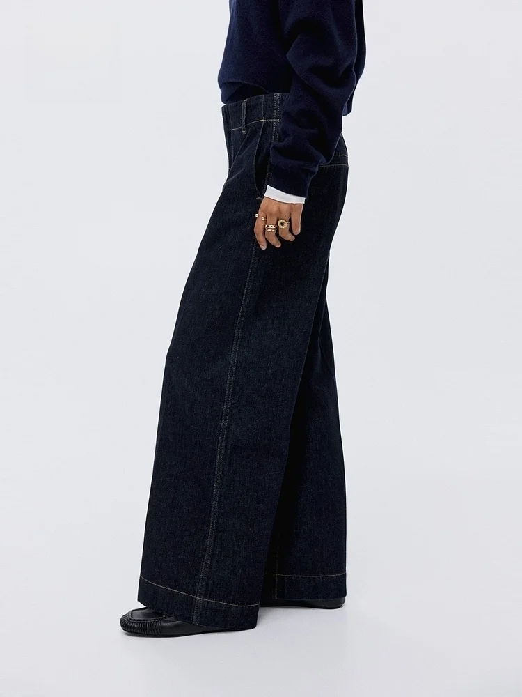 Hochgeschnittene Weite Jeans für Damen Winter Lässige Passform Baumwolle Lange Hosen H&M 302952 Premium Damenjeans