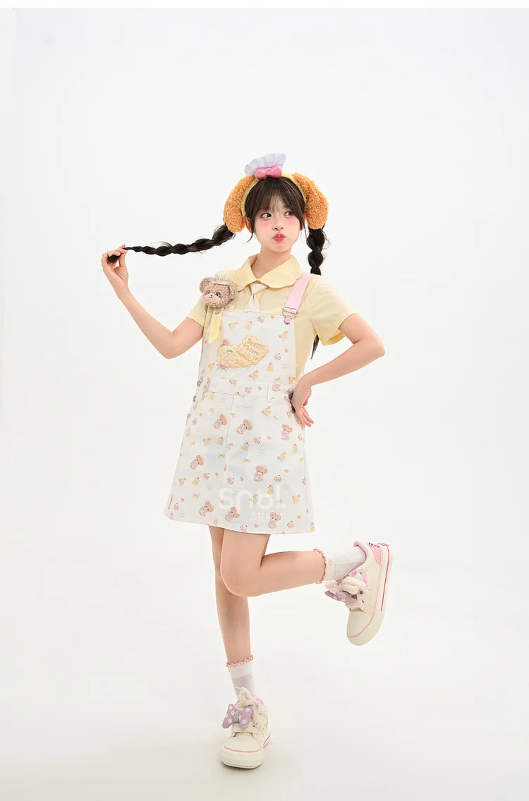 2025 여름 신상 스윗하고 인기있는 루즈핏 곰 프린트 스트랩 드레스 미니 여성용 옐로우 타이 칼라 반팔 셔츠
